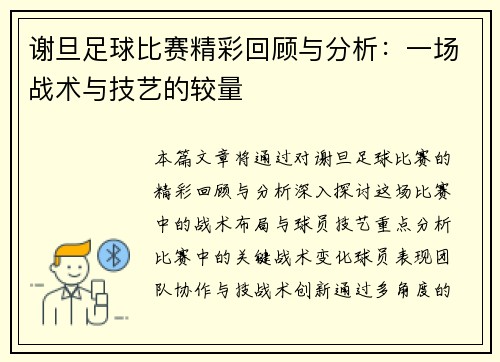 谢旦足球比赛精彩回顾与分析：一场战术与技艺的较量