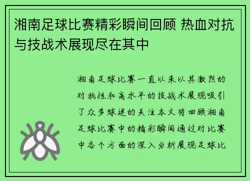 湘南足球比赛精彩瞬间回顾 热血对抗与技战术展现尽在其中