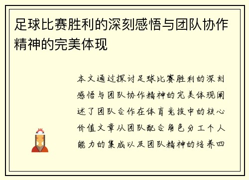 足球比赛胜利的深刻感悟与团队协作精神的完美体现