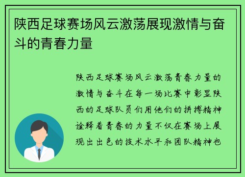 陕西足球赛场风云激荡展现激情与奋斗的青春力量
