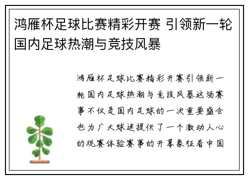 鸿雁杯足球比赛精彩开赛 引领新一轮国内足球热潮与竞技风暴