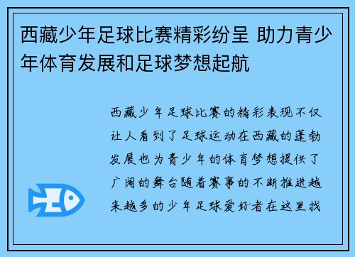 西藏少年足球比赛精彩纷呈 助力青少年体育发展和足球梦想起航