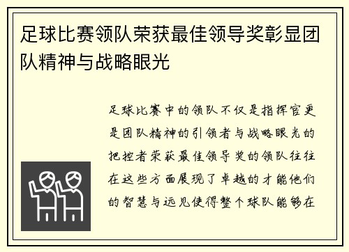 足球比赛领队荣获最佳领导奖彰显团队精神与战略眼光