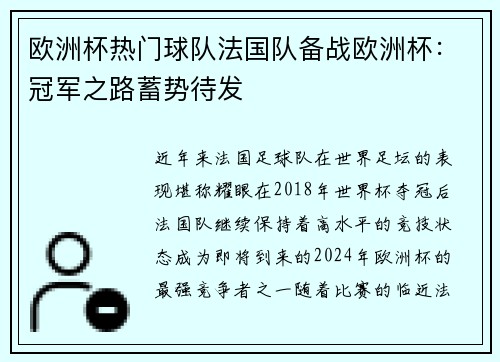 欧洲杯热门球队法国队备战欧洲杯：冠军之路蓄势待发