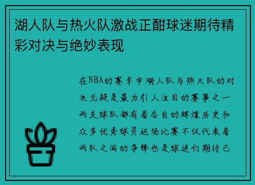 湖人队与热火队激战正酣球迷期待精彩对决与绝妙表现