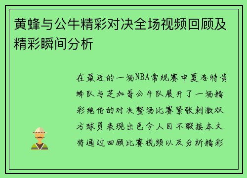 黄蜂与公牛精彩对决全场视频回顾及精彩瞬间分析