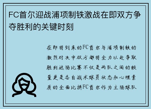 FC首尔迎战浦项制铁激战在即双方争夺胜利的关键时刻