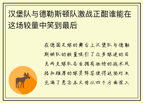 汉堡队与德勒斯顿队激战正酣谁能在这场较量中笑到最后