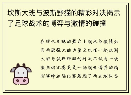 坎斯大班与波斯野猫的精彩对决揭示了足球战术的博弈与激情的碰撞