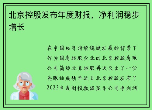 北京控股发布年度财报，净利润稳步增长
