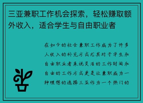 三亚兼职工作机会探索，轻松赚取额外收入，适合学生与自由职业者