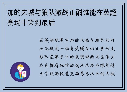 加的夫城与狼队激战正酣谁能在英超赛场中笑到最后