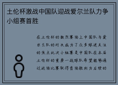 土伦杯激战中国队迎战爱尔兰队力争小组赛首胜