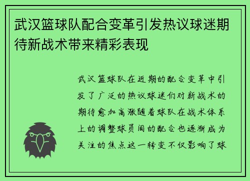 武汉篮球队配合变革引发热议球迷期待新战术带来精彩表现