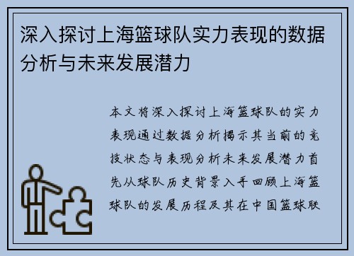 深入探讨上海篮球队实力表现的数据分析与未来发展潜力