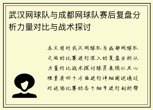 武汉网球队与成都网球队赛后复盘分析力量对比与战术探讨