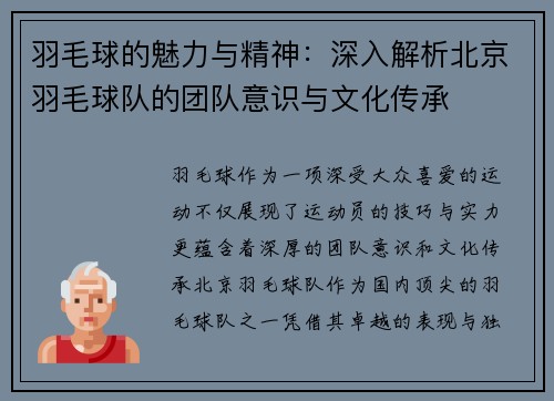 羽毛球的魅力与精神：深入解析北京羽毛球队的团队意识与文化传承