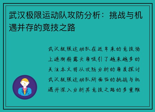 武汉极限运动队攻防分析：挑战与机遇并存的竞技之路